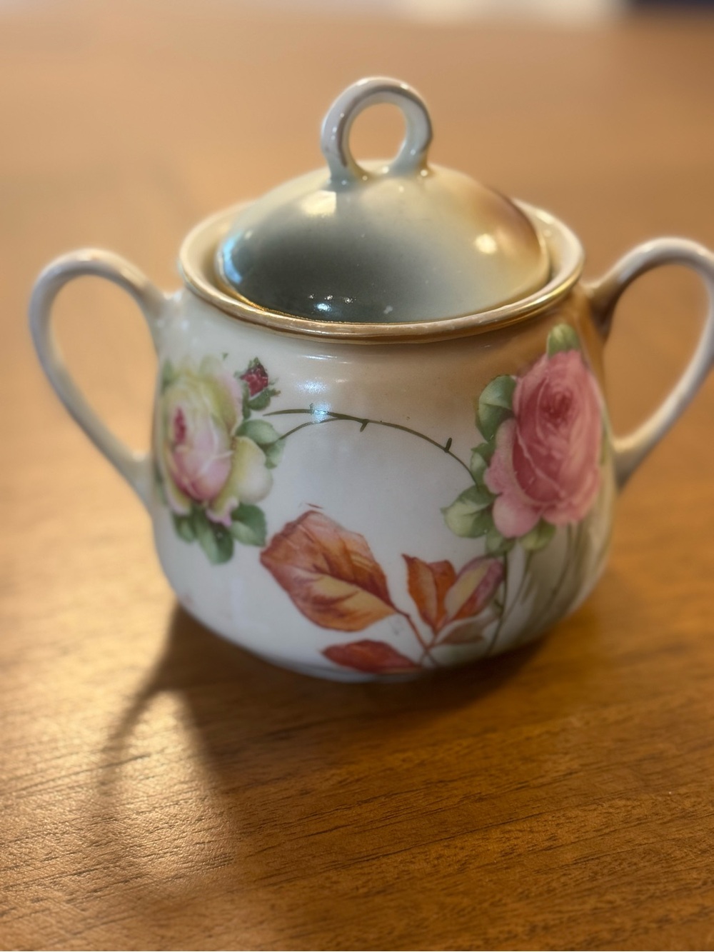 Vintage Bavarian Handpainted  Porcelain Covered Sugar Bowl - Pink Rose Design